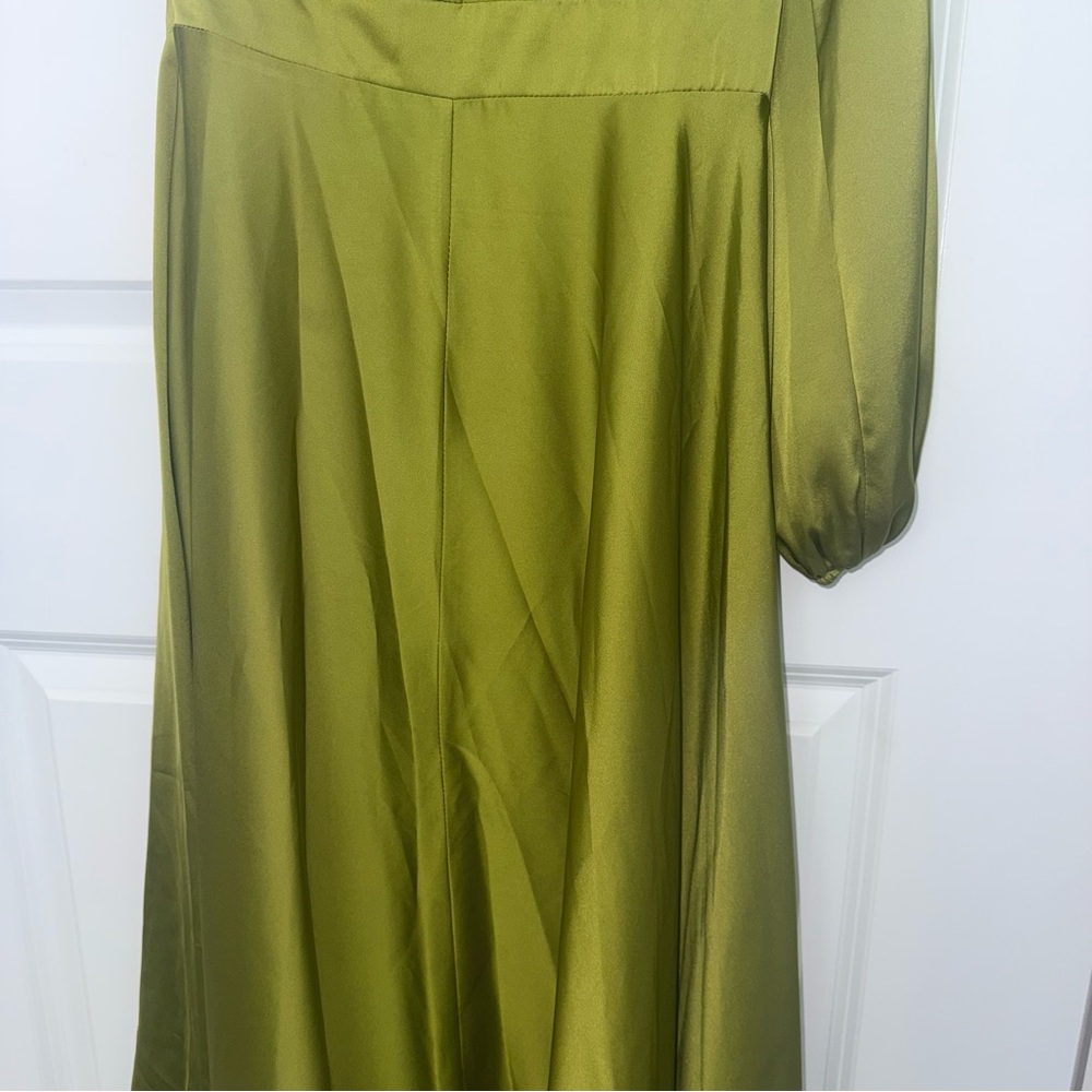 Ieena for Mac Duggal One Shoulder A-Line Long Sleeve High Chartreuse Satin Dress - Picture 10 of 15